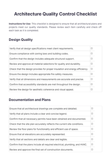 Free Architecture Quality Control Checklist Template to Edit Online