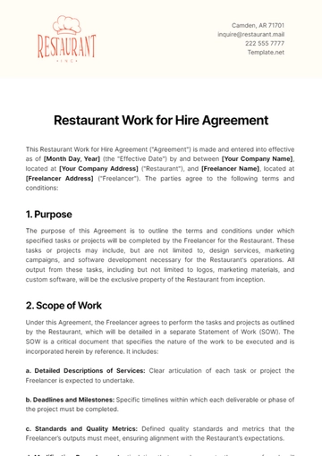 Free Restaurant Work for Hire Agreement Template to Edit Online
