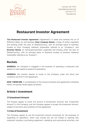 Free Restaurant Investor Agreement Template to Edit Online