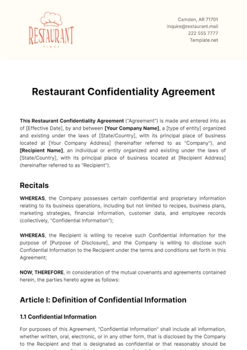 Free Restaurant Confidentiality Agreement Template to Edit Online