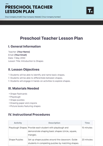Free Preschool Teacher Lesson Plan Template to Edit Online
