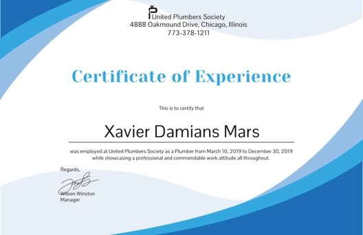 Plumbing Experience Certificate Template