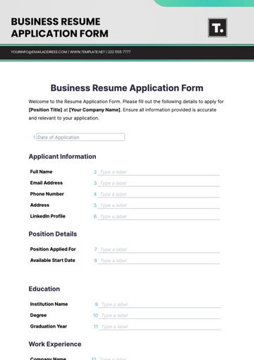 Free Business Resume Application Form Template to Edit Online