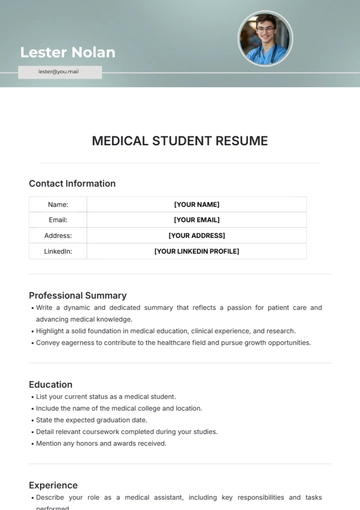 Free Medical Student Resume Format Template to Edit Online