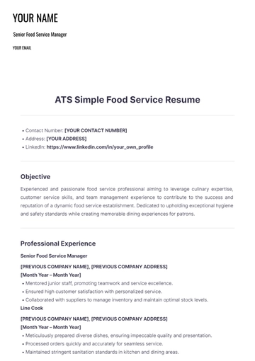 Free ATS Simple Food Service Resume to Edit Online