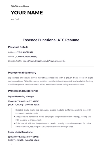 Free Essence Functional ATS Resume Template