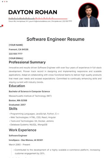 Free Software Engineer Resume Template to Edit Online