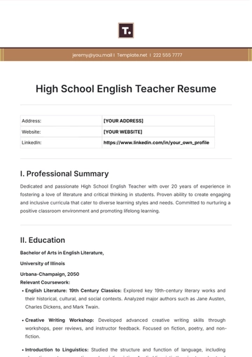 Free High School English Teacher Resume Template to Edit Online