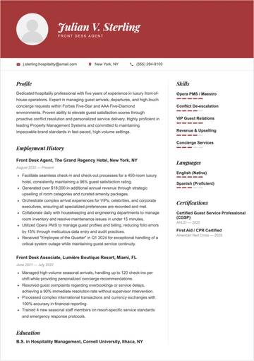 Free Hotel Front Desk Agent Customer Service Resume to Edit Online