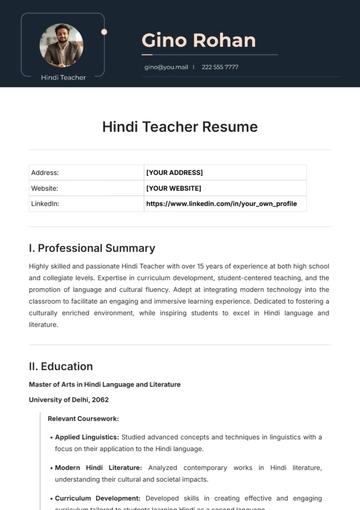 Free Hindi Teacher Resume Template to Edit Online