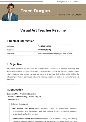 Free Visual Art Teacher Resume Template to Edit Online
