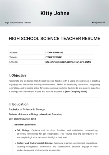 Free High School Science Teacher Resume Template to Edit Online