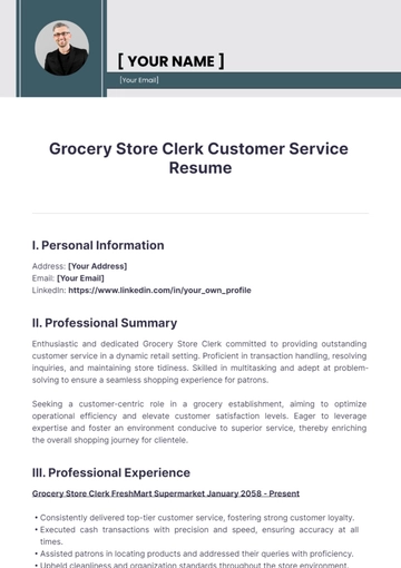 Free Grocery Store Clerk Customer Service Resume to Edit Online