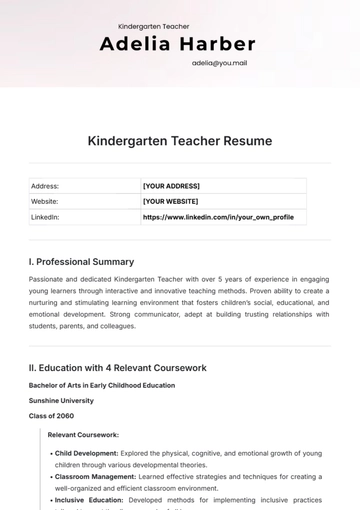 Free Kindergarten Teacher Resume Template to Edit Online