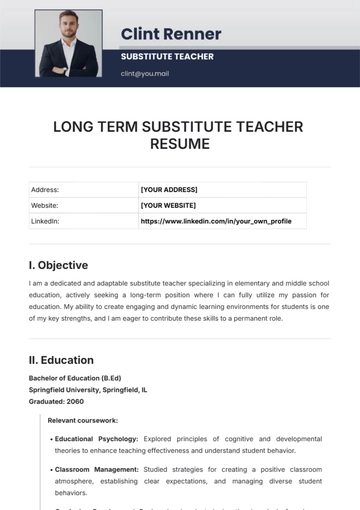 Free Long Term Substitute Teacher Resume Template to Edit Online