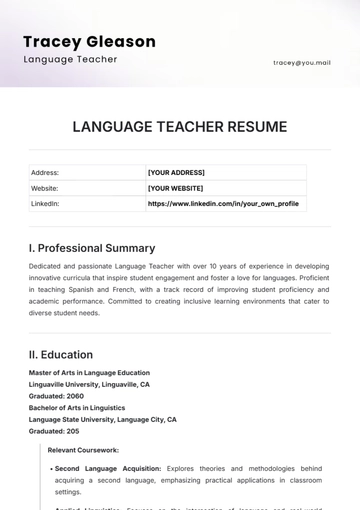 Free Language Teacher Resume Template to Edit Online
