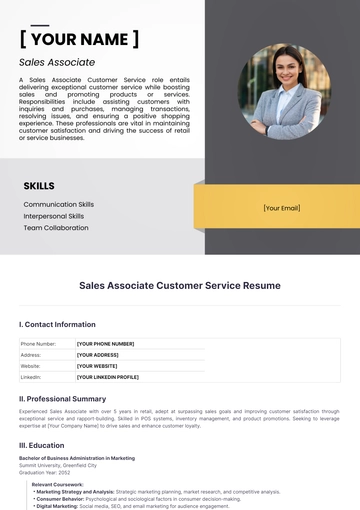 Free Sales Associate Customer Service Resume to Edit Online