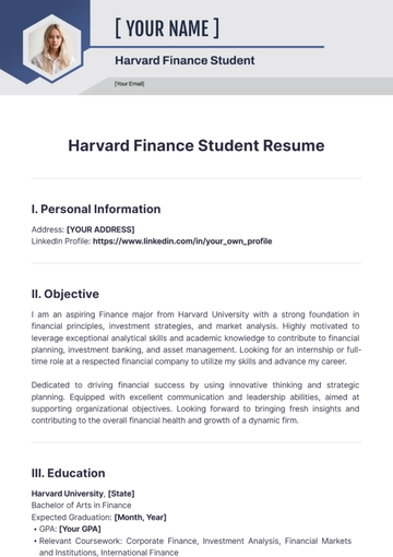 Free Harvard Finance Student Resume to Edit Online