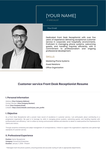 Free Customer Service Front Desk Receptionist Resume to Edit Online