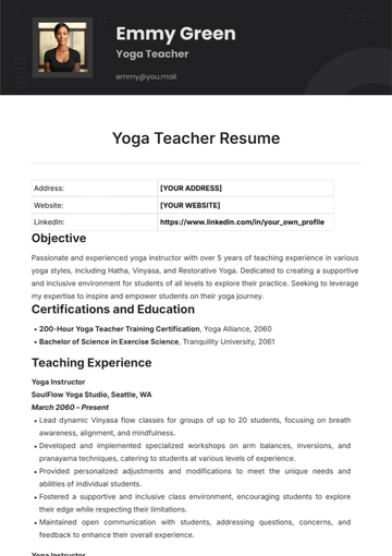 Free Yoga Teacher Resume Template to Edit Online