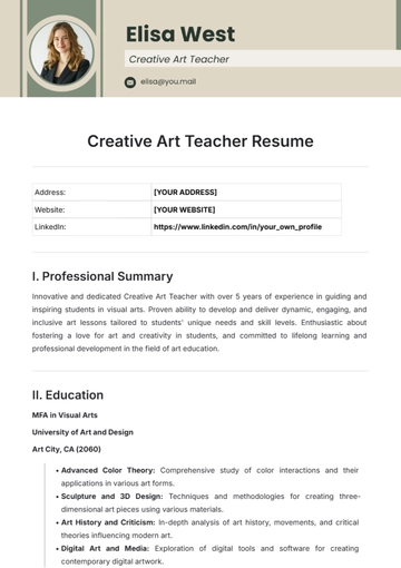 Free Creative Art Teacher Resume Template to Edit Online