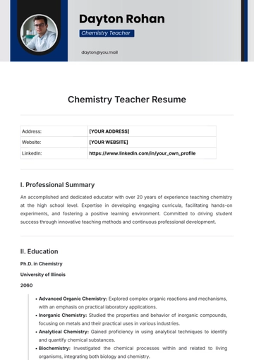 Free Chemistry Teacher Resume Template to Edit Online