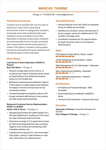 Free Restaurant Customer Service Representative Resume to Edit Online