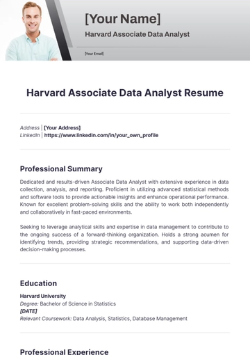 Free Harvard Associate Data Analyst Resume to Edit Online
