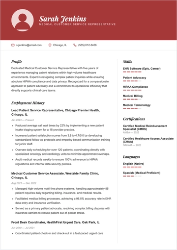 Free Medical Customer Service Representative Resume to Edit Online