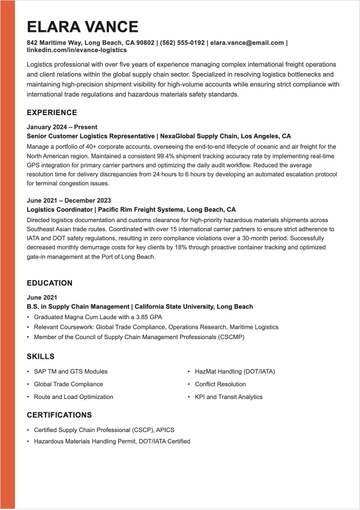 Free Logistics Customer Service Representative Resume to Edit Online