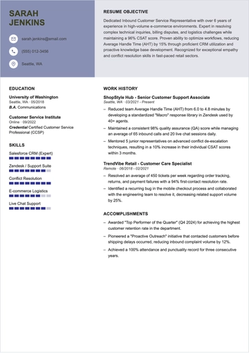 Free Inbound Customer Service Resume to Edit Online