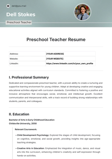 Free Preschool Teacher Resume Template to Edit Online