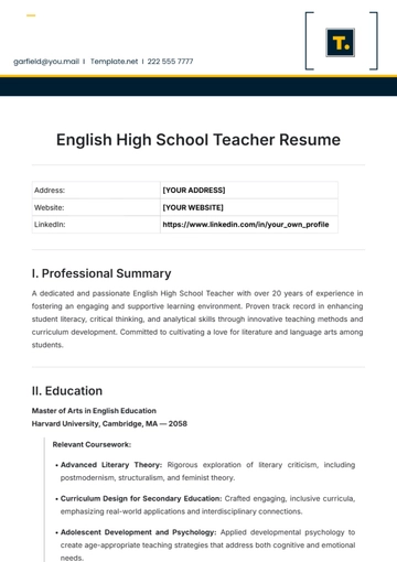 Free English High School Teacher Resume Template to Edit Online
