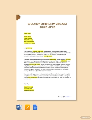Education Curriculum Specialist Cover Letter