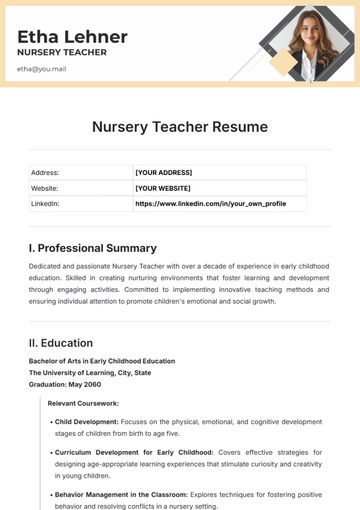 Free Nursery Teacher Resume Template to Edit Online
