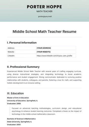 Free Middle School Math Teacher Resume Template to Edit Online
