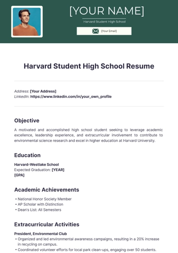 Free Harvard Student High School Resume to Edit Online