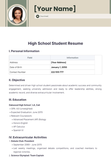 Free High School Student Resume to Edit Online