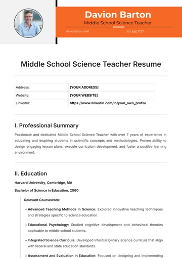 Free Middle School Science Teacher Resume to Edit Online