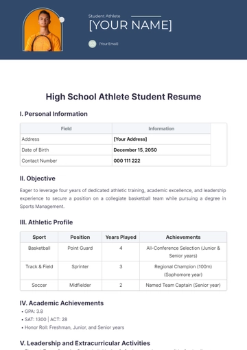 Free High School Athlete Student Resume to Edit Online