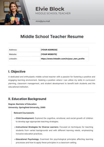 Free Middle School Teacher Resume Template to Edit Online