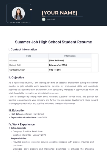 Free Summer Job High School Student Resume to Edit Online