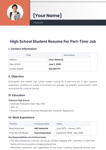 Free High School Student Resume For Part Time Job to Edit Online