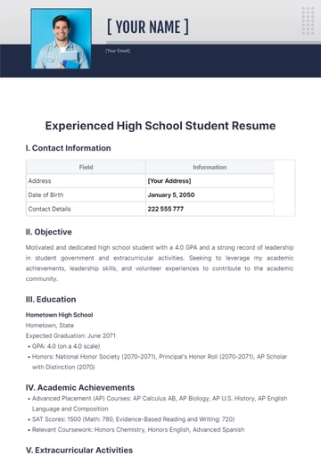 Free Experienced High School Student Resume to Edit Online