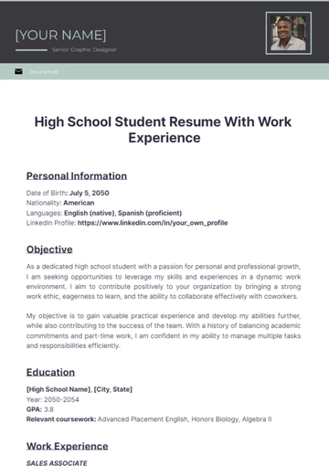 Free High School Student Resume With Work Experience to Edit Online