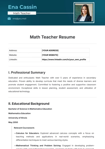 Free Math Teacher Resume Template to Edit Online