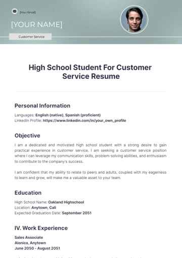 Free High School Student For Customer Service Resume to Edit Online