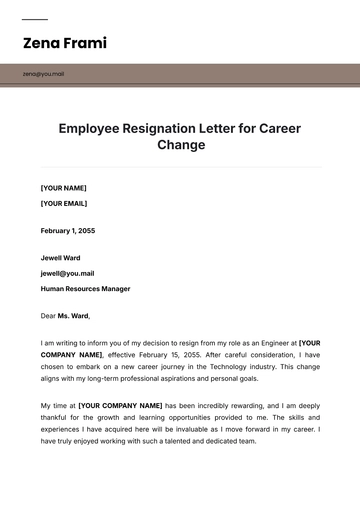 Free Employee Resignation Letter for Career Change Template to Edit Online