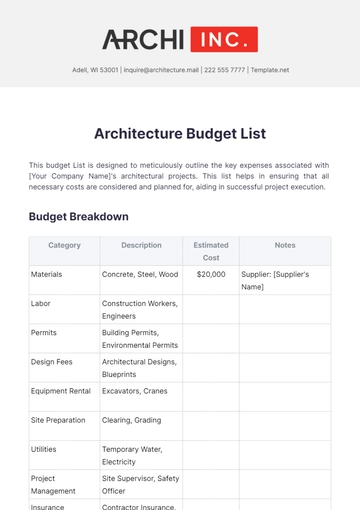 Free Architecture Budget List Template to Edit Online