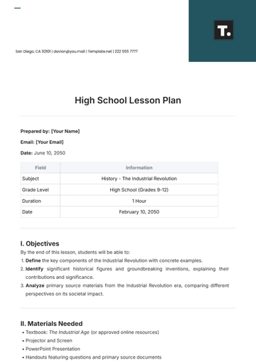 Free High School Lesson Plan Template to Edit Online